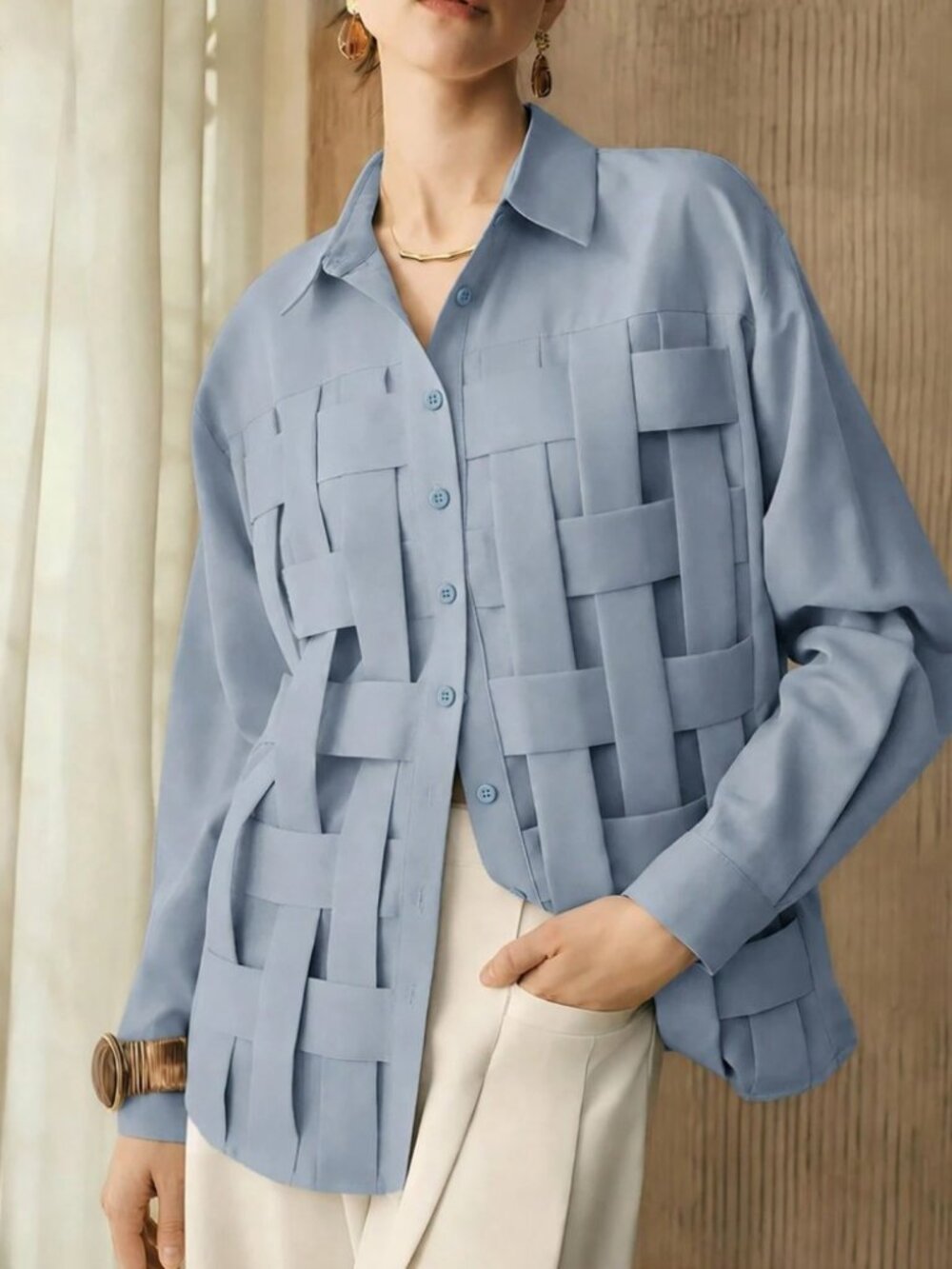 Dusty Blue Woven Basketweave Panel Shirt